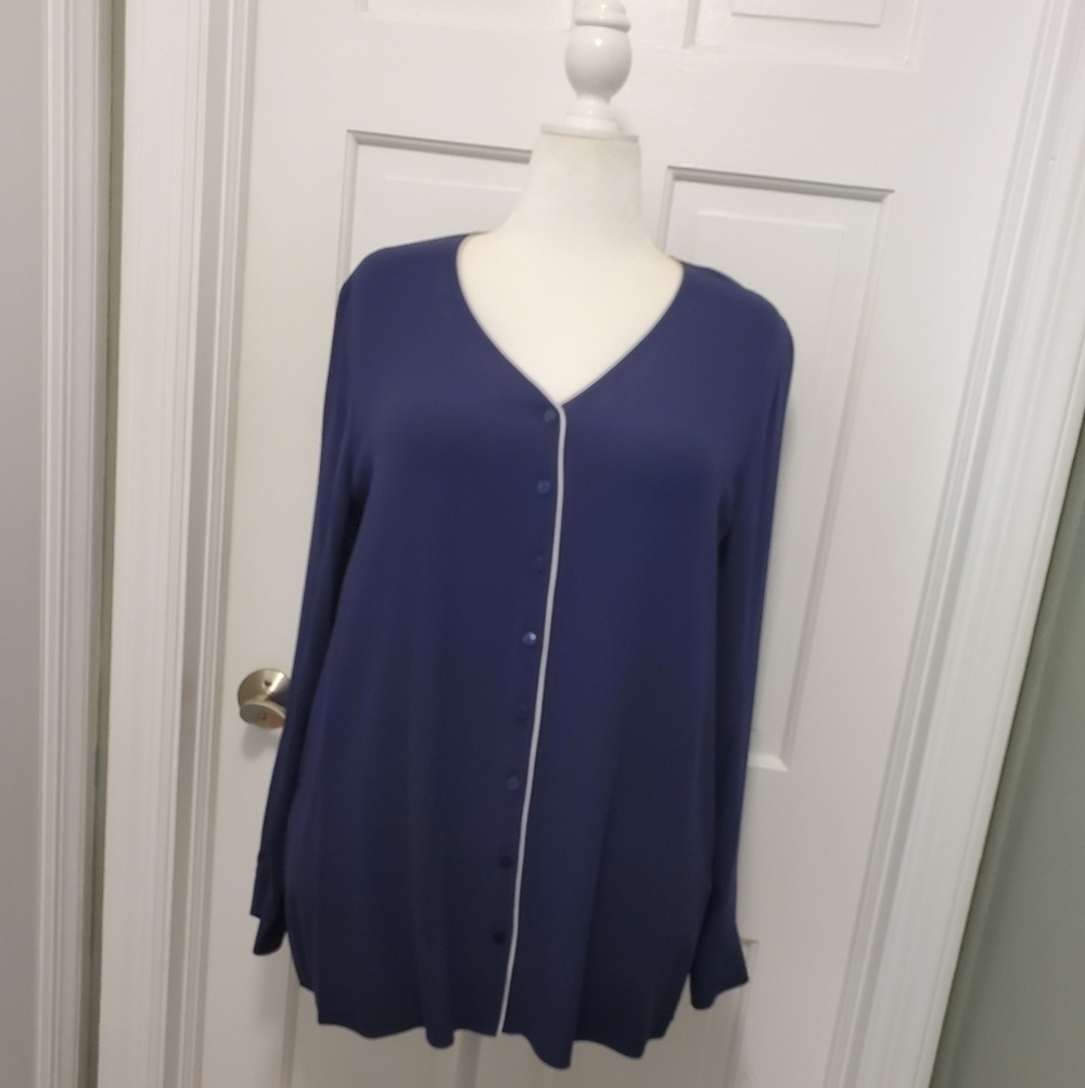 Eileen Fisher Salt Lake 100% Silk Georgette Crepe Feel V-Neck Blouse Lge Classic